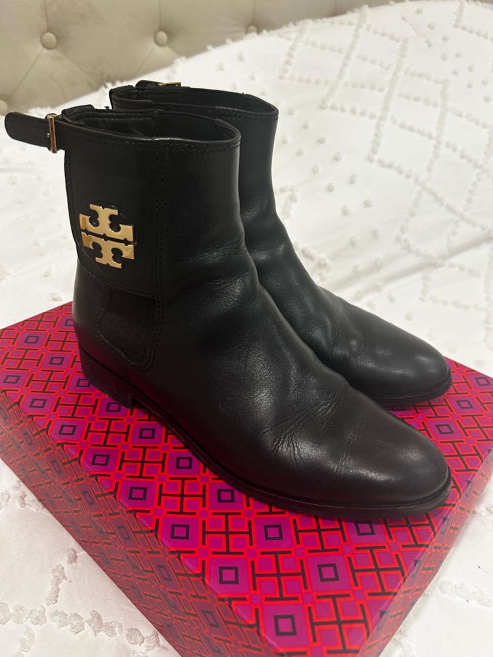 Tory Burch Black Leather Mid-Calf Booties with Gold Hardware